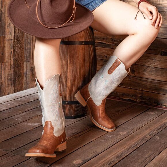 SheSole Western Boots Women Tan Faux Leather Square Toe Wide Mid Calf - Picture 5 of 9
